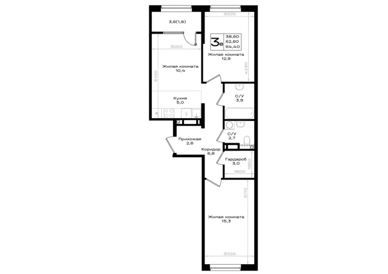 3-комн. 64.4 м²