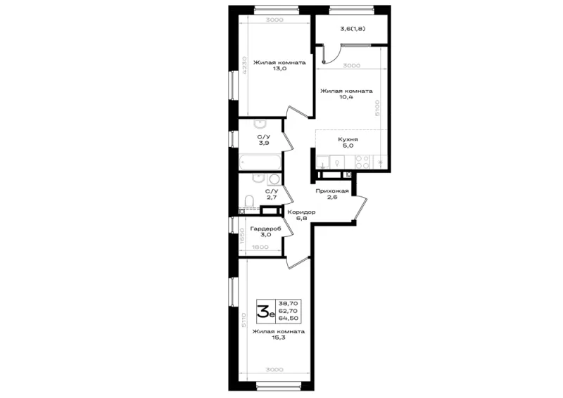 3-комн. 64.5 м²