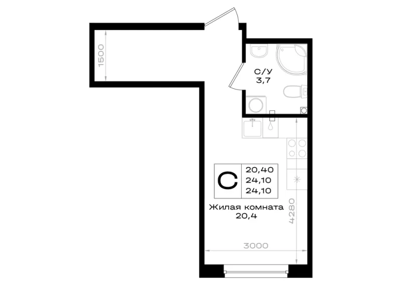 Студия 24.1 м²