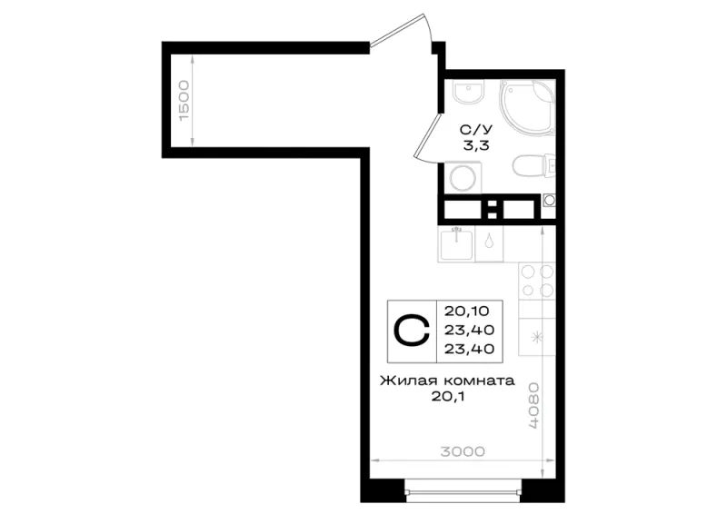 Студия 23.4 м²