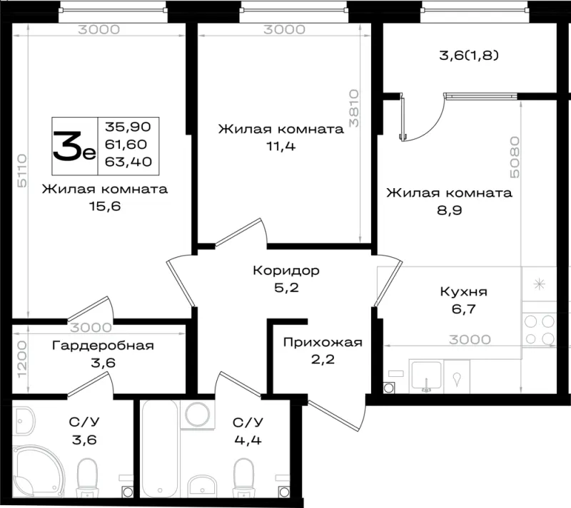 3-комн. 63.4 м²