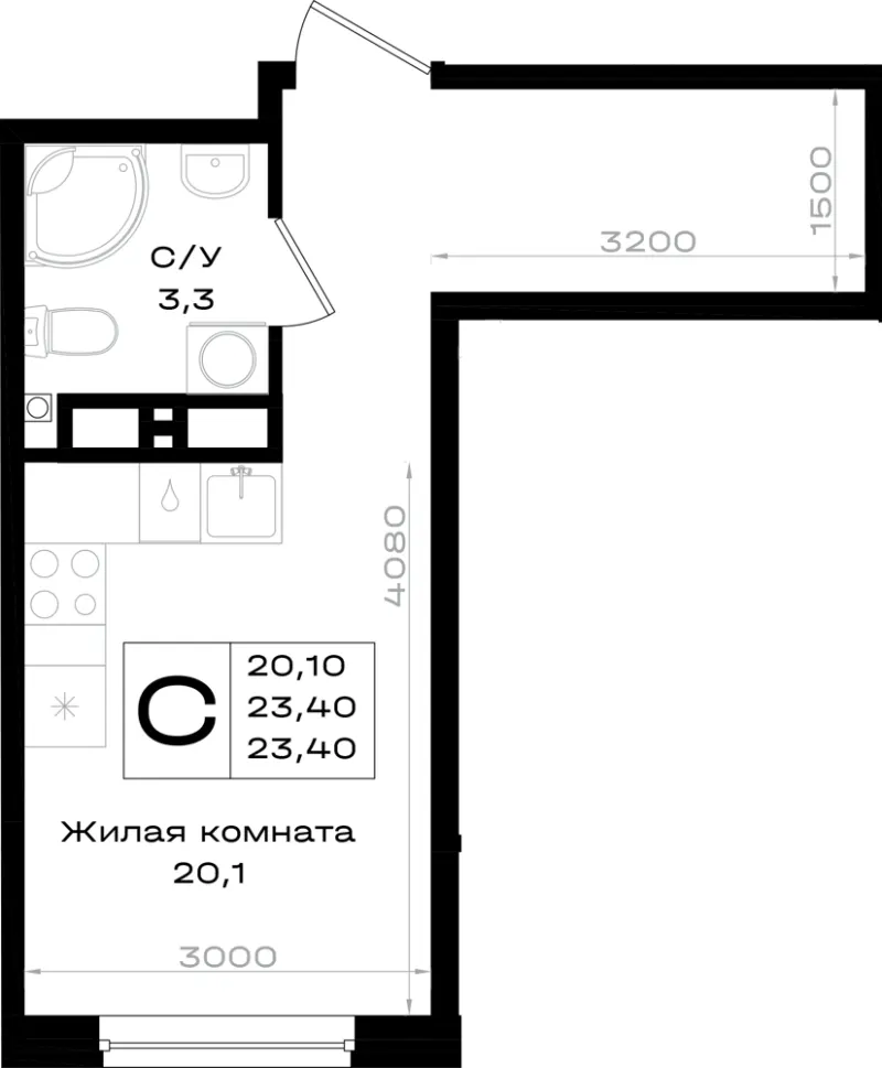 Студия 23.4 м²