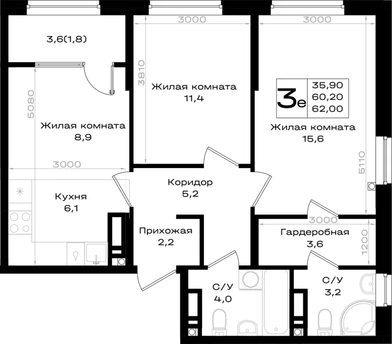 3-комн. 62 м²