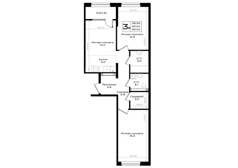 3-комн. 65 м²