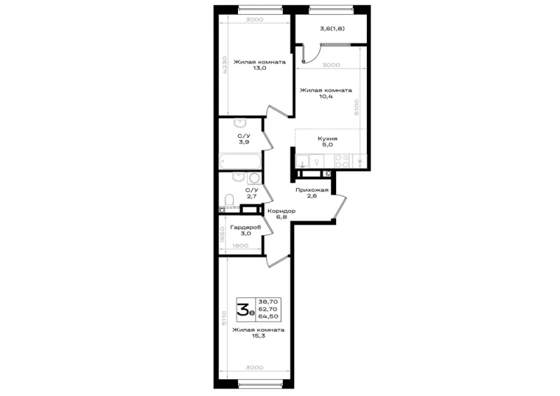 3-комн. 64.5 м²