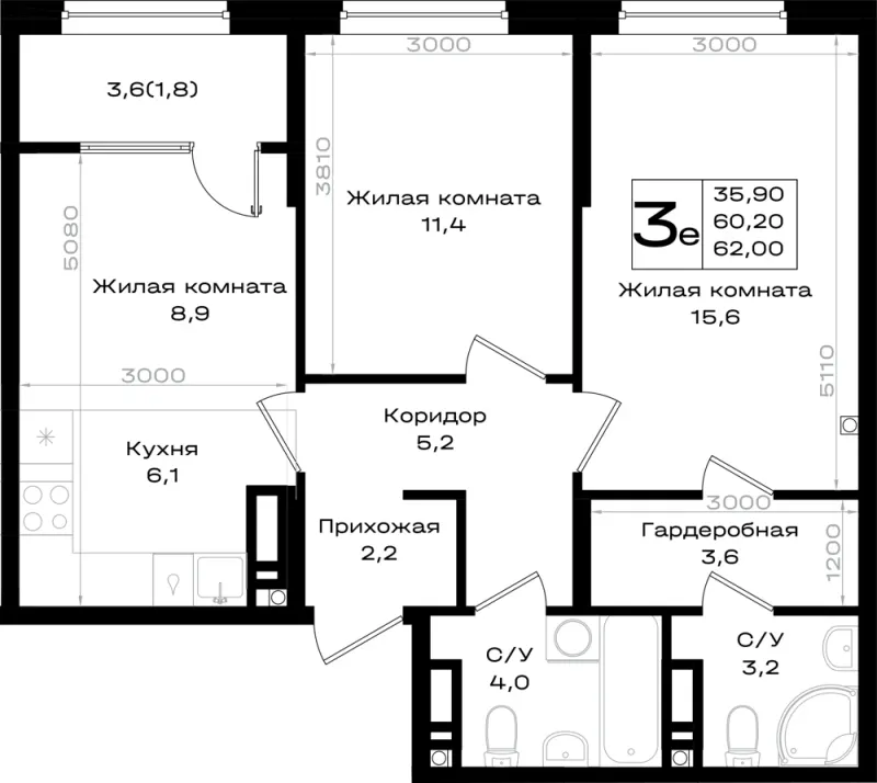 3-комн. 62 м²