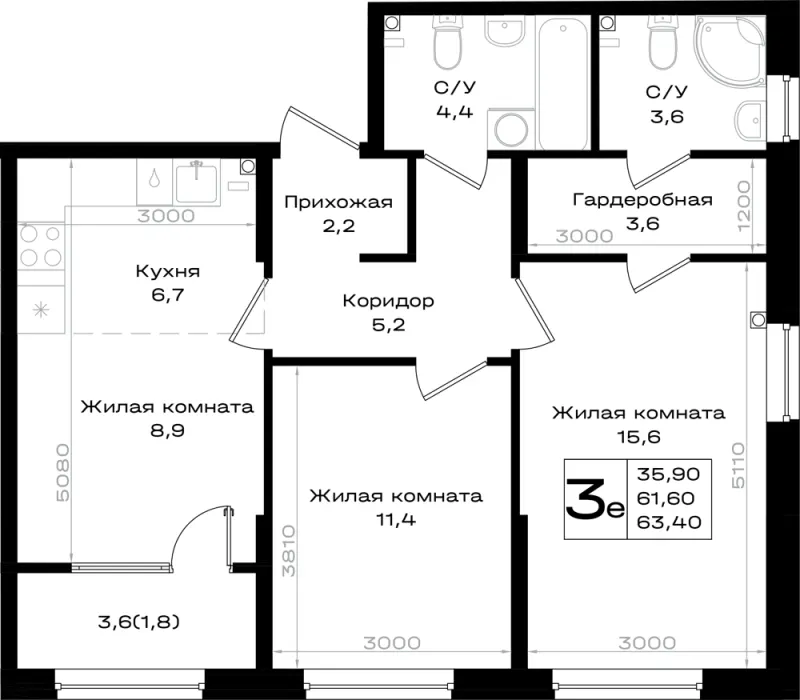 3-комн. 63.4 м²