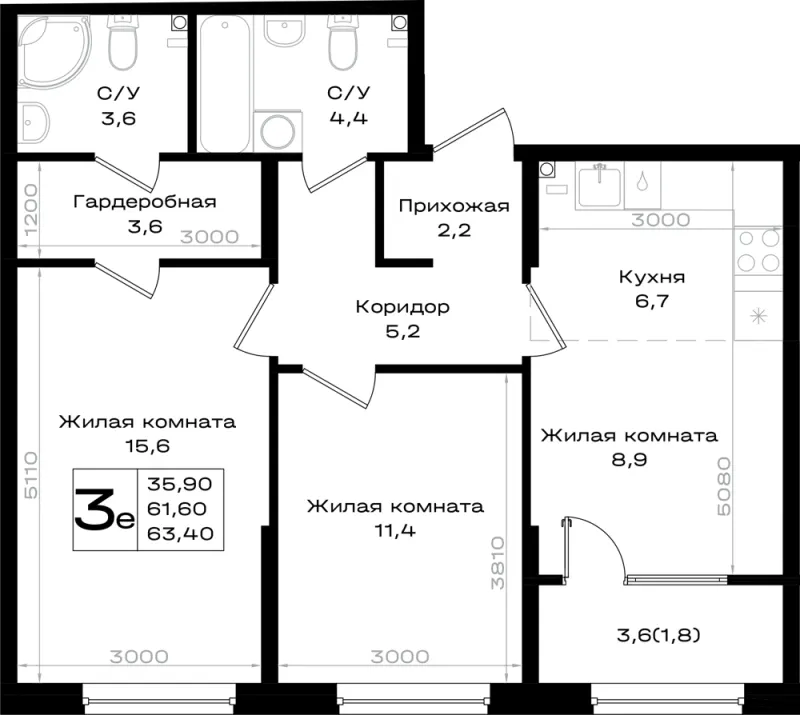 3-комн. 63.4 м²