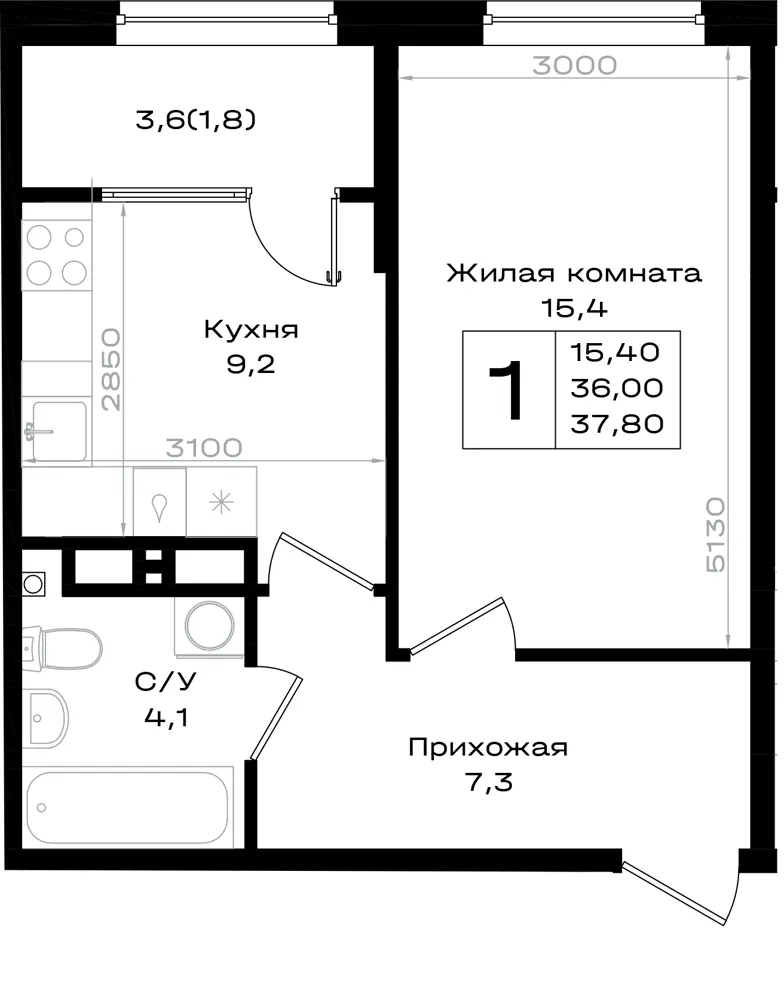 1-комн. 37.8 м²