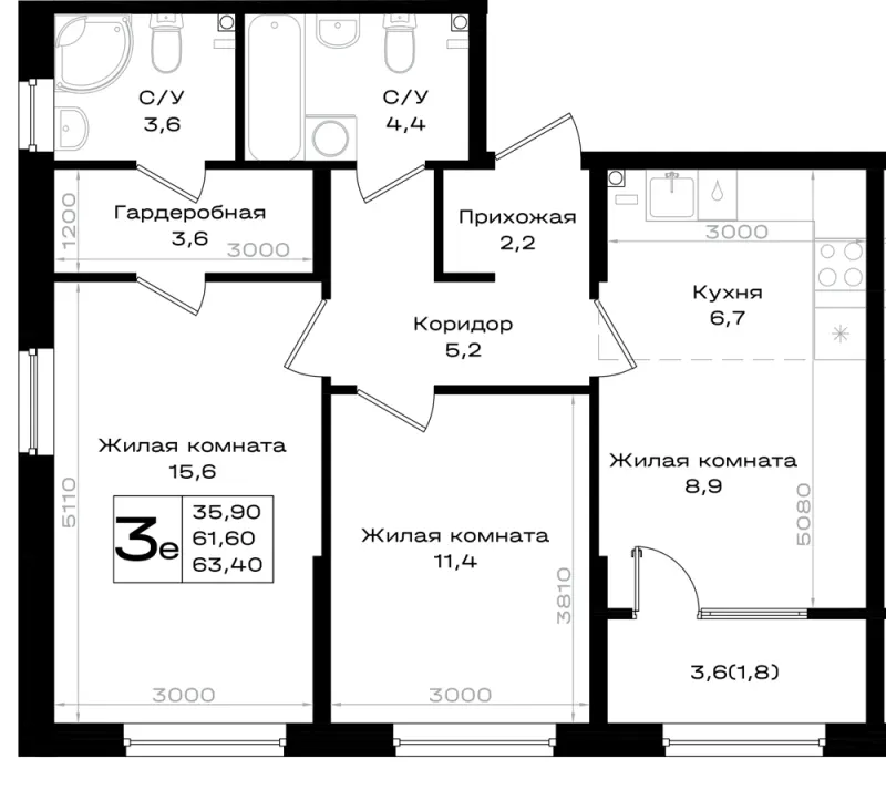 3-комн. 63.4 м²
