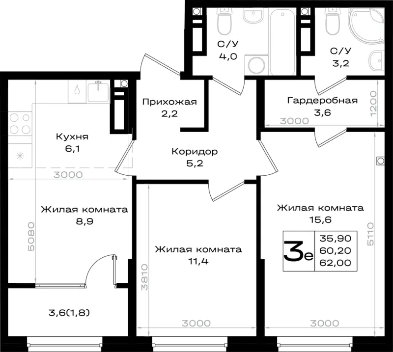 3-комн. 62 м²