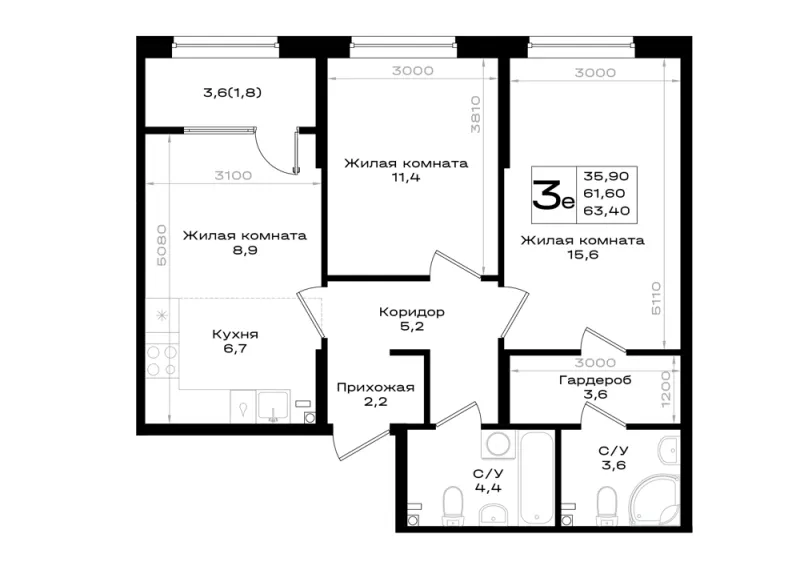 3-комн. 63.4 м²