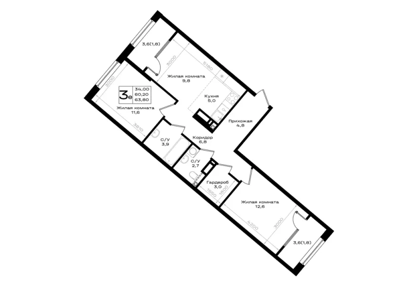 3-комн. 63.8 м²