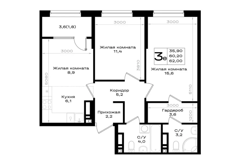 3-комн. 62 м²