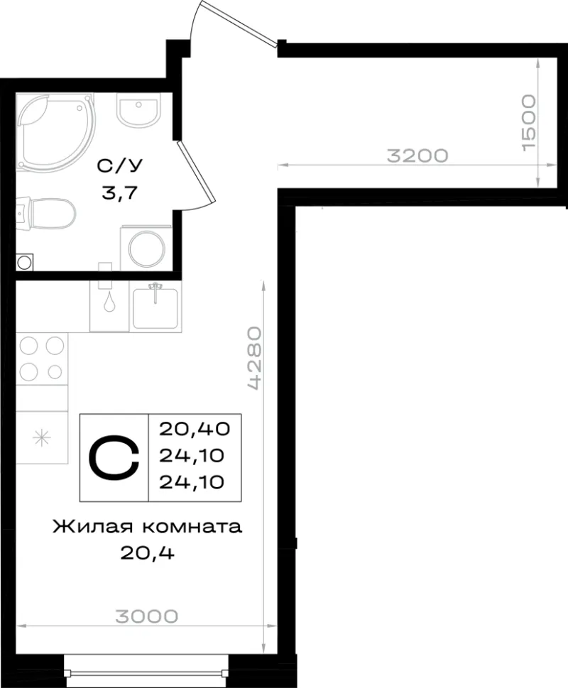 Студия 24.1 м²