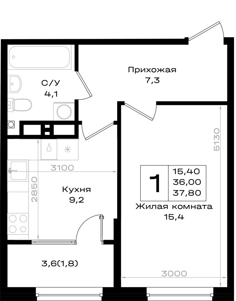 1-комн. 37.8 м²