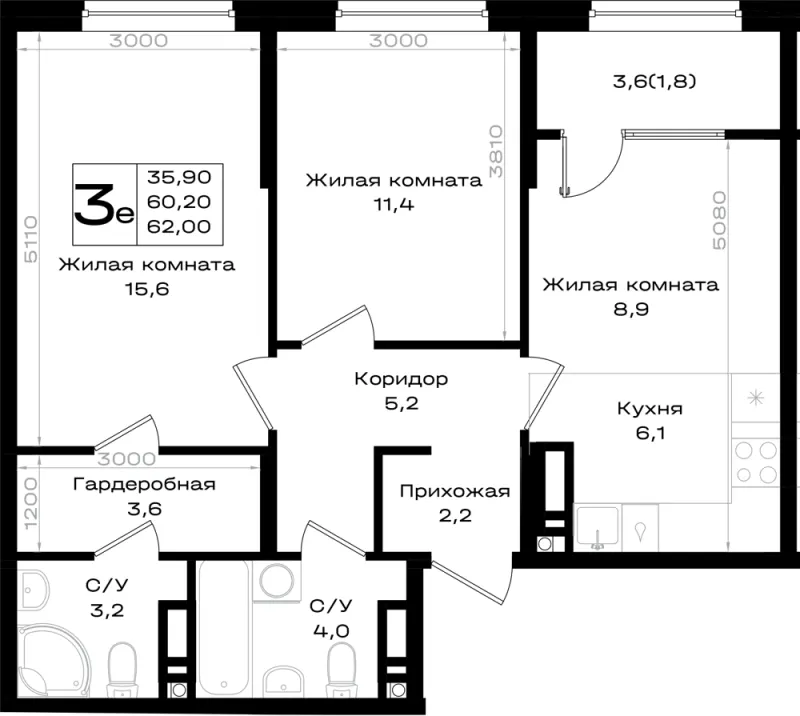 3-комн. 62 м²