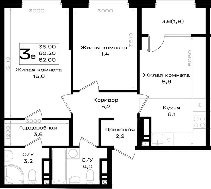 3-комн. 62 м²