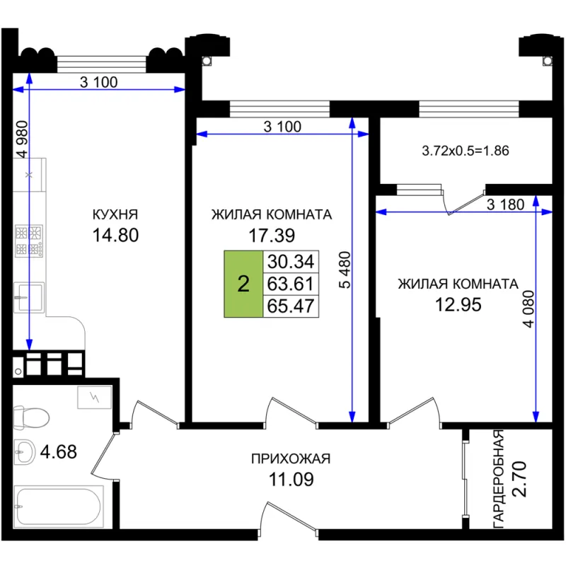 2-комн. 65.5 м²