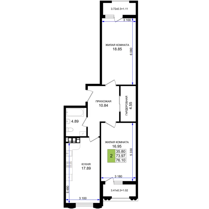 2-комн. 76.1 м²