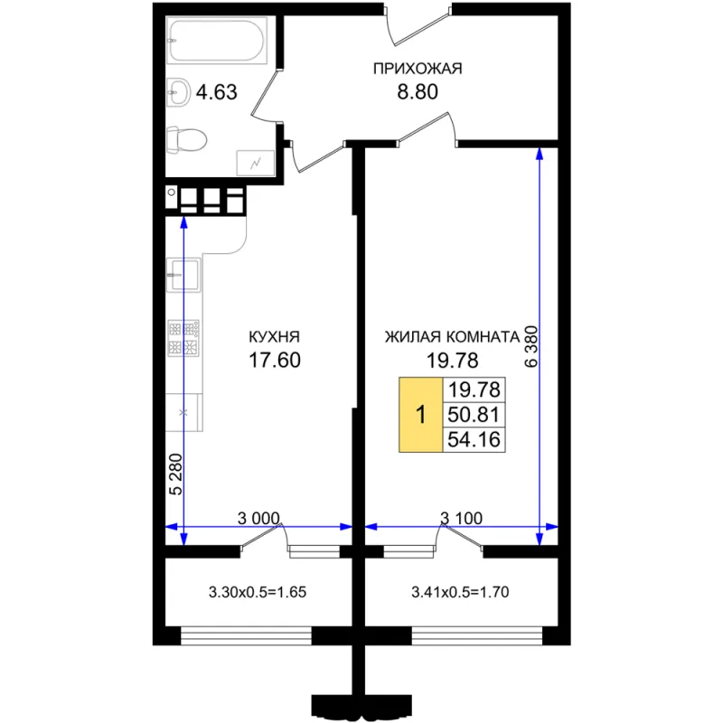 1-комн. 54.2 м²