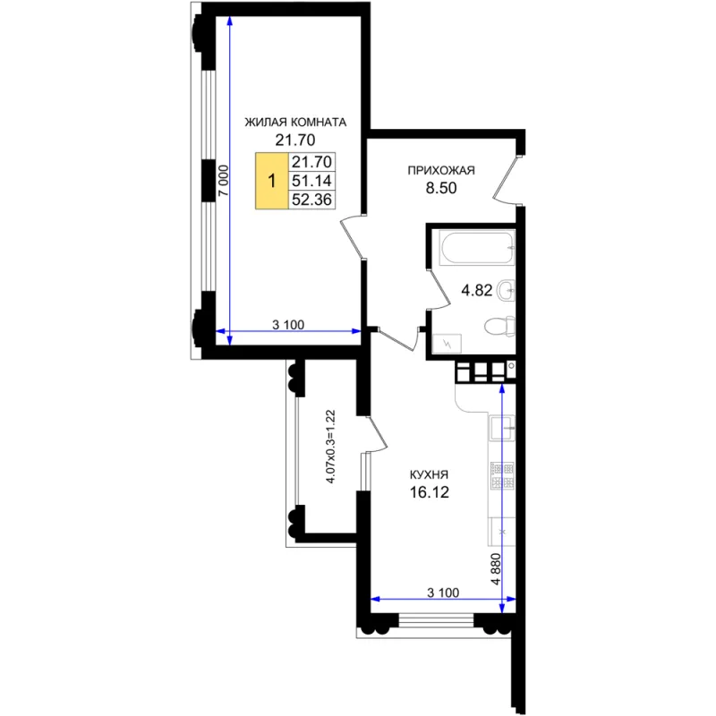 1-комн. 52.4 м²