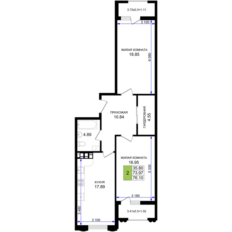 2-комн. 76.1 м²