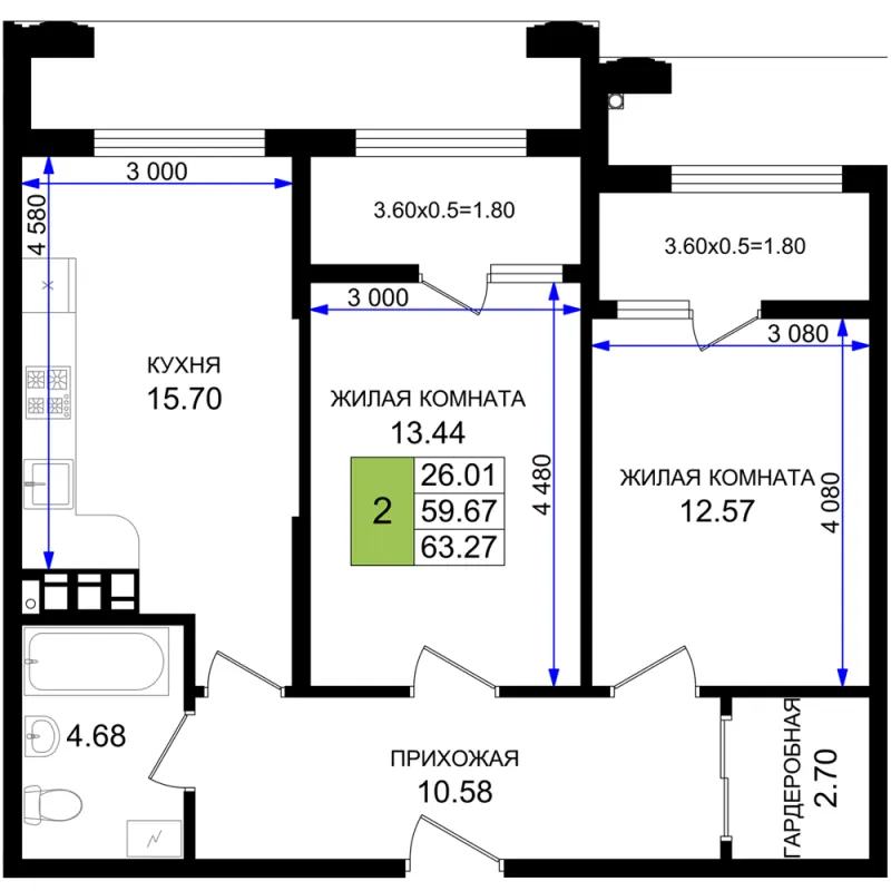 2-комн. 63.3 м²