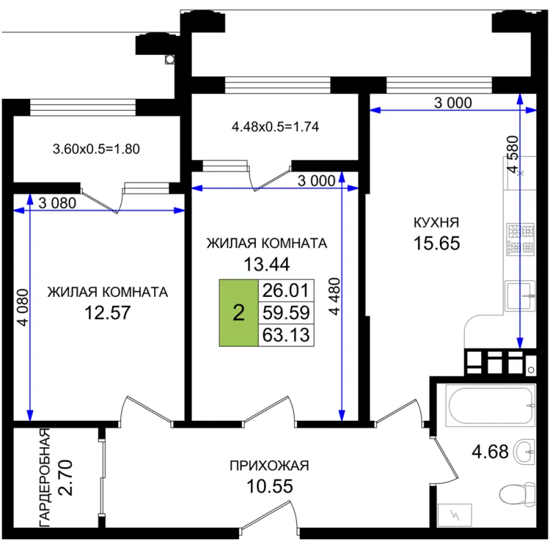 2-комн. 63.1 м²