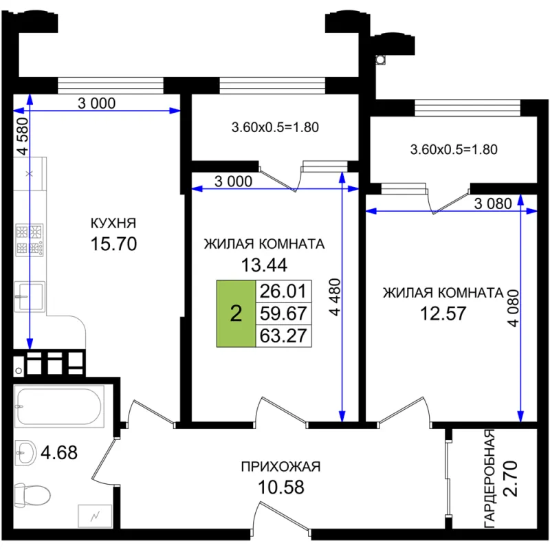 2-комн. 63.3 м²