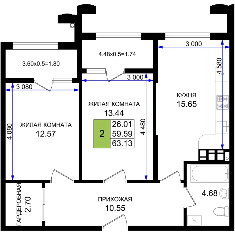 2-комн. 63.1 м²