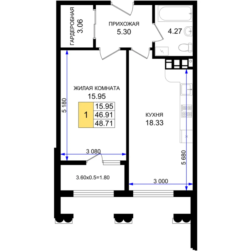 1-комн. 48.7 м²