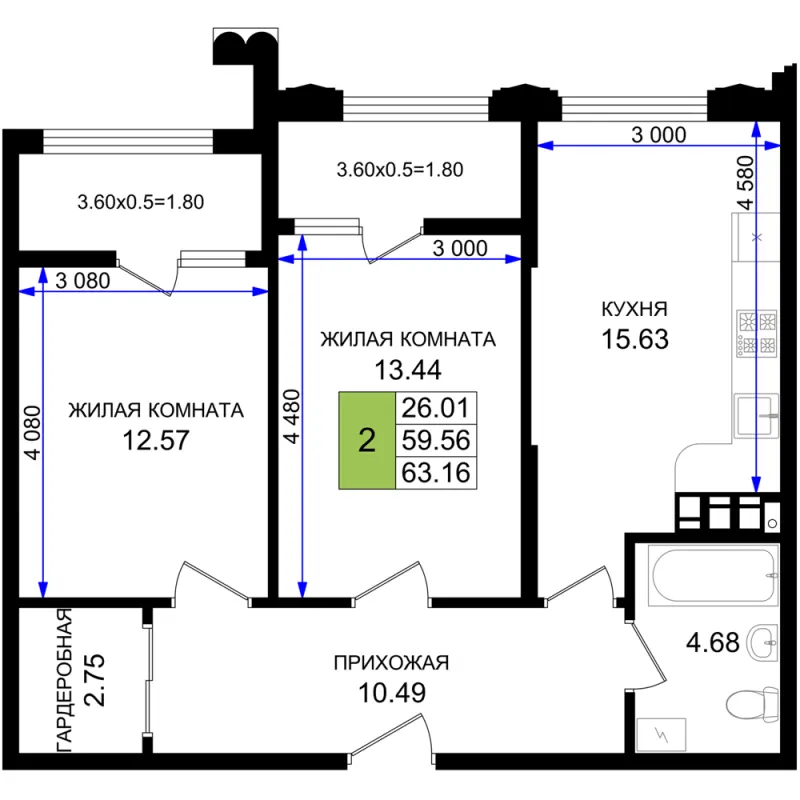 2-комн. 63.2 м²