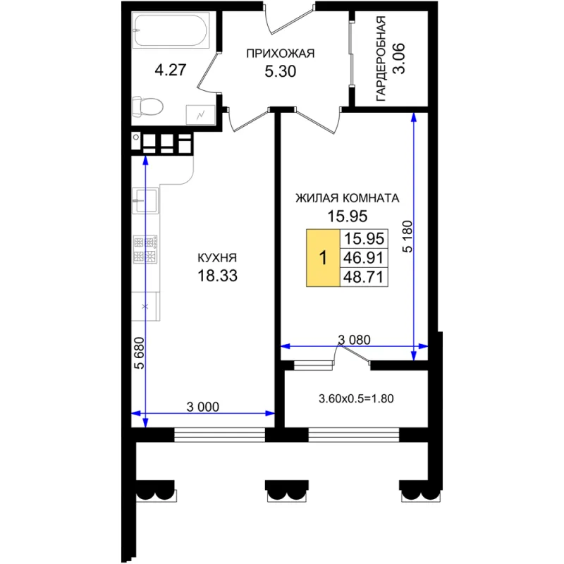 1-комн. 48.7 м²