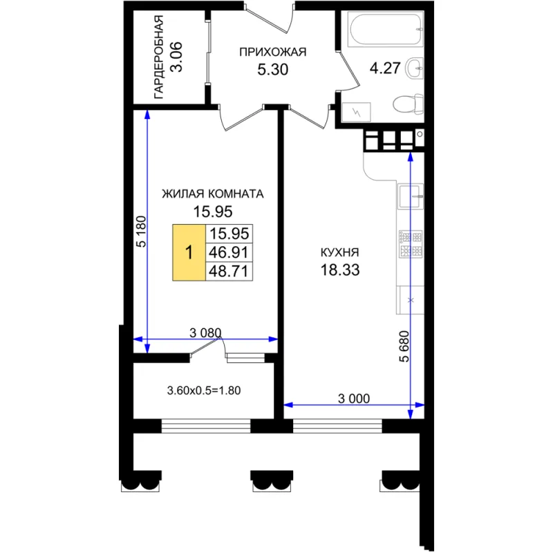 1-комн. 48.7 м²