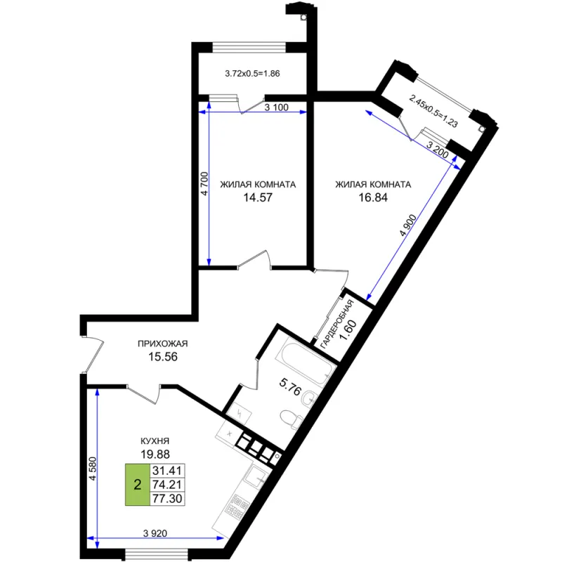 2-комн. 77.3 м²