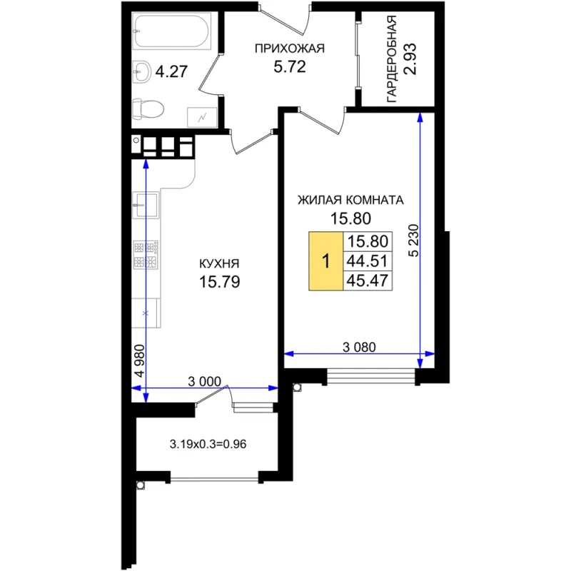 1-комн. 45.5 м²