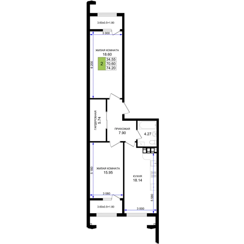 2-комн. 74.2 м²