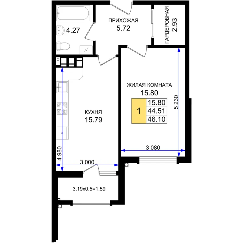 1-комн. 46.1 м²