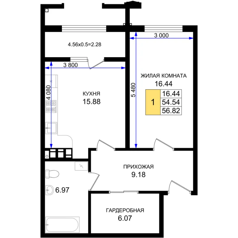 1-комн. 56.8 м²