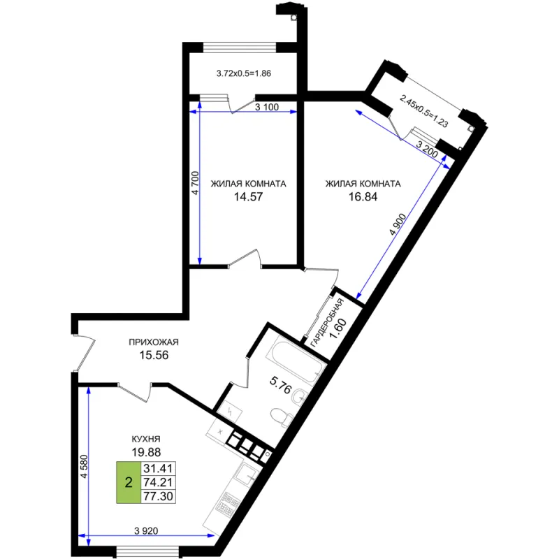 2-комн. 77.3 м²