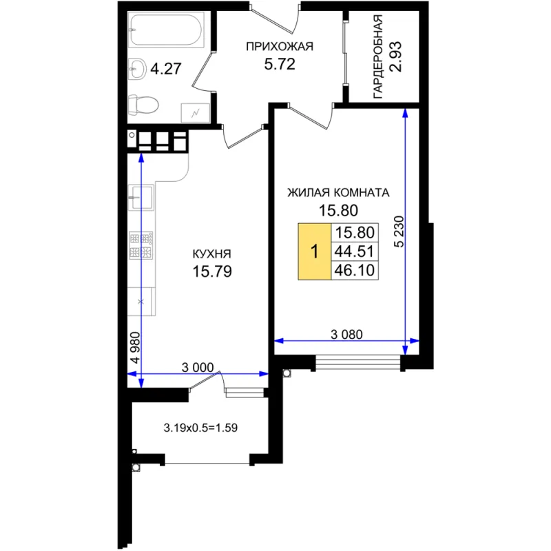 1-комн. 46.1 м²