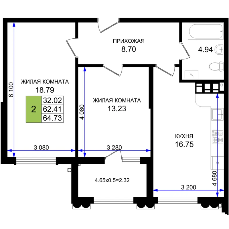 2-комн. 64.7 м²
