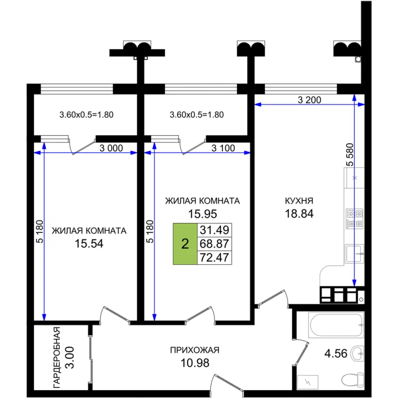2-комн. 72.5 м²