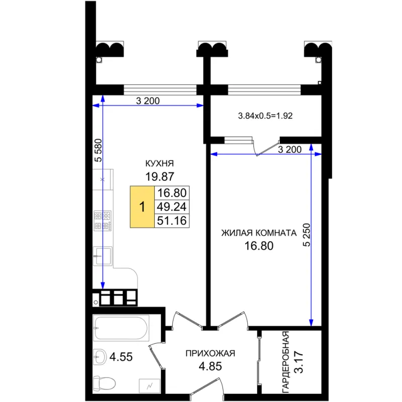 1-комн. 51.2 м²