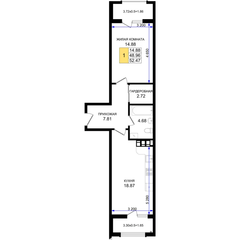 1-комн. 52.5 м²