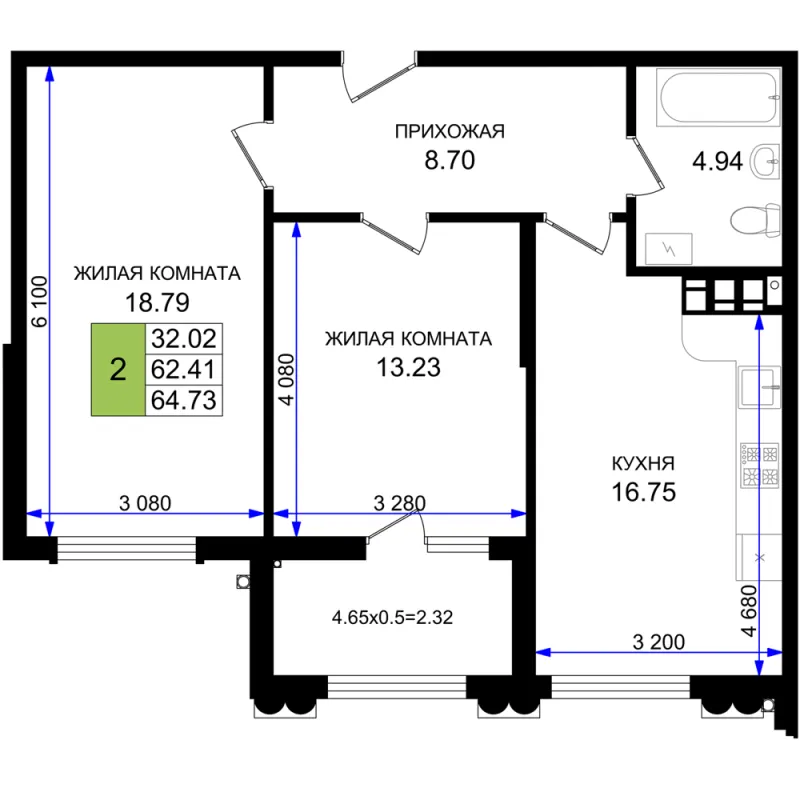 2-комн. 64.7 м²