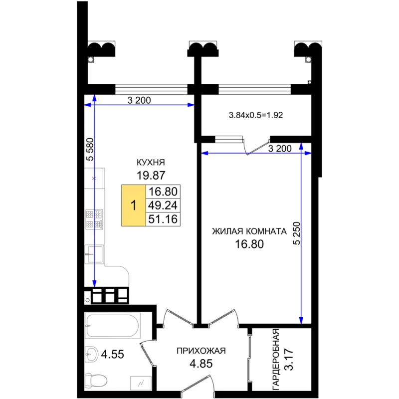 1-комн. 51.2 м²