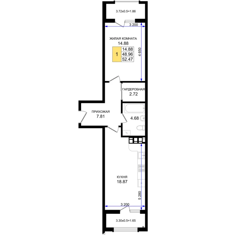 1-комн. 52.5 м²