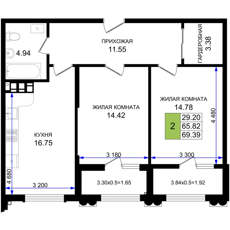 2-комн. 69.4 м²